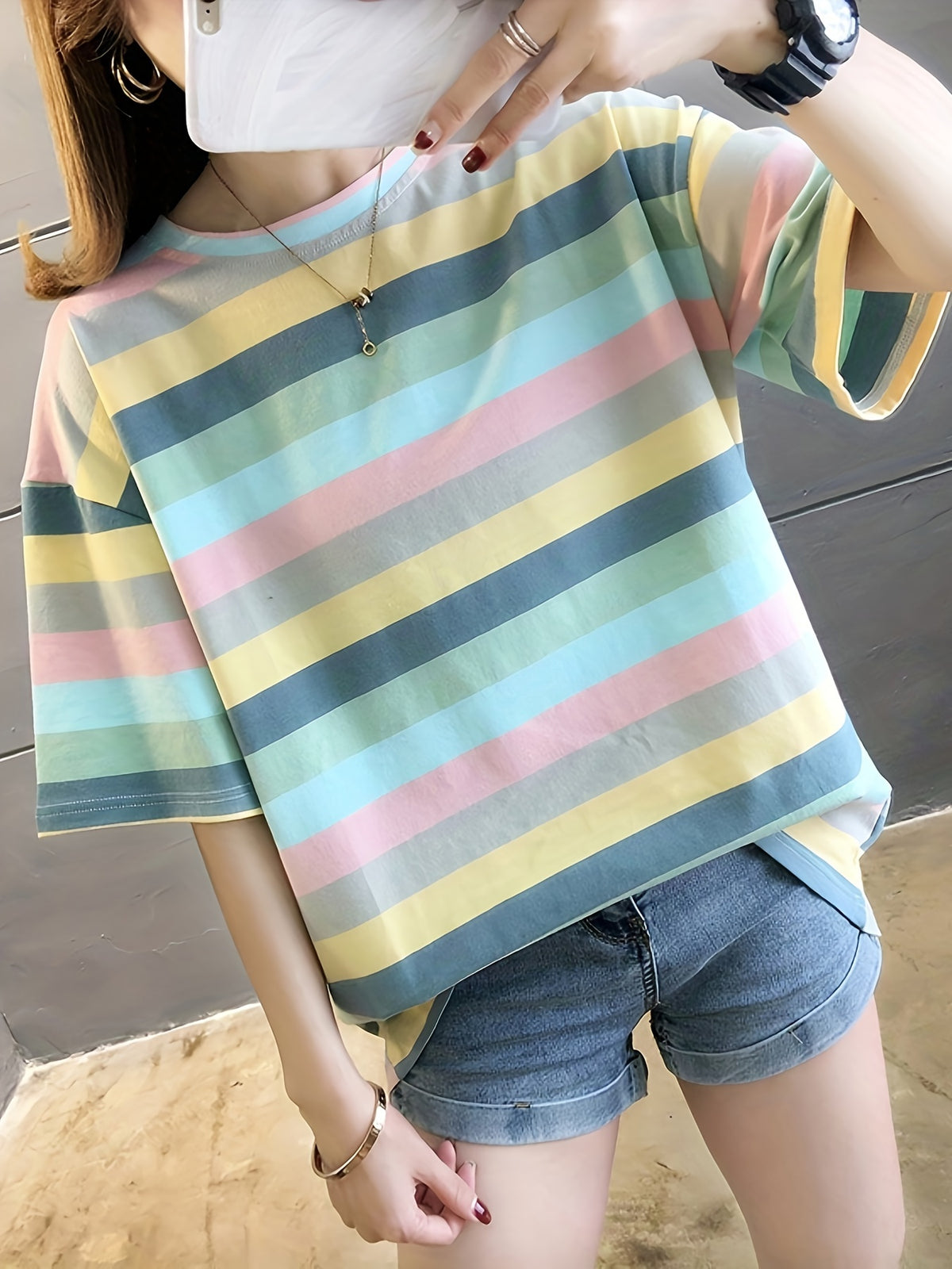 Women's Plus Size Loose Fit Cartoon Print T-Shirt - Pastel Color Block Short Sleeve Round Neck Top, Breathable Medium Stretch Fabric, Long Length Casual Summer Spring Fall Machine Washable, Ladies T Shirts, Trendy Streetwear, Relaxed Fit Tee - 2010-G