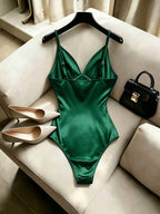 The New Women's Fashionable and All-match Summer Elegant Solid Color Backless Thin Shoulder Sleeveless Satin 1pc, Sexy and Fashionable, Suitable for Parties, Banquets, Music Festivals, Vacations, Beaches and Other Occasions. - Green