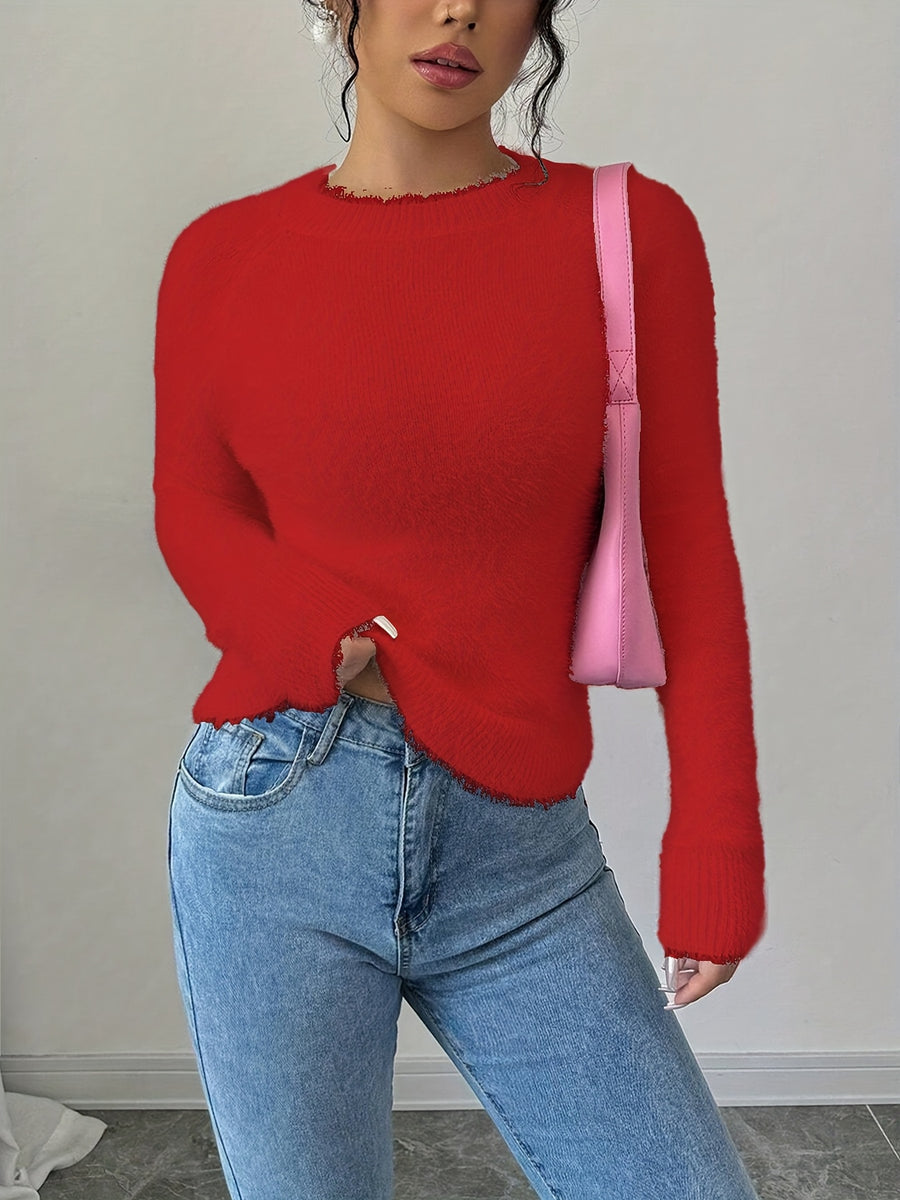 Elegant Women'S Autumn Winter Round Neck Faux Fox Pullover - Red
