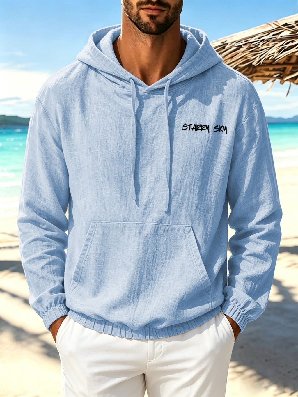 Men'S Autumn New Linen Print Hoodie Thin Loose Sweatshirt Comfortable Daily Commute Sports Fitness Casual Vacation Street Trendy Classic Style Literary Long Sleeve Hooded Sweatshirt - Sky Blue
