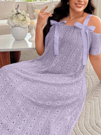New Plus Size Women's Home Dress for Spring, Summer, and Autumn - Short Sleeve, One-Shoulder Cutout, Off-Shoulder Style with Ribbon Bow Decoration, Jacquard Comfortable Loose-Fit Solid Color Camisole Nightgown - Lavender