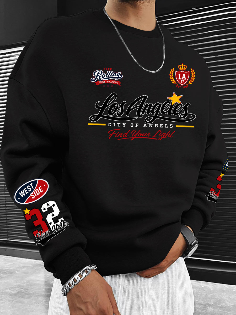 New Men's Crew Neck Sweatshirt, American Vintage Style with City Name English Print - Black