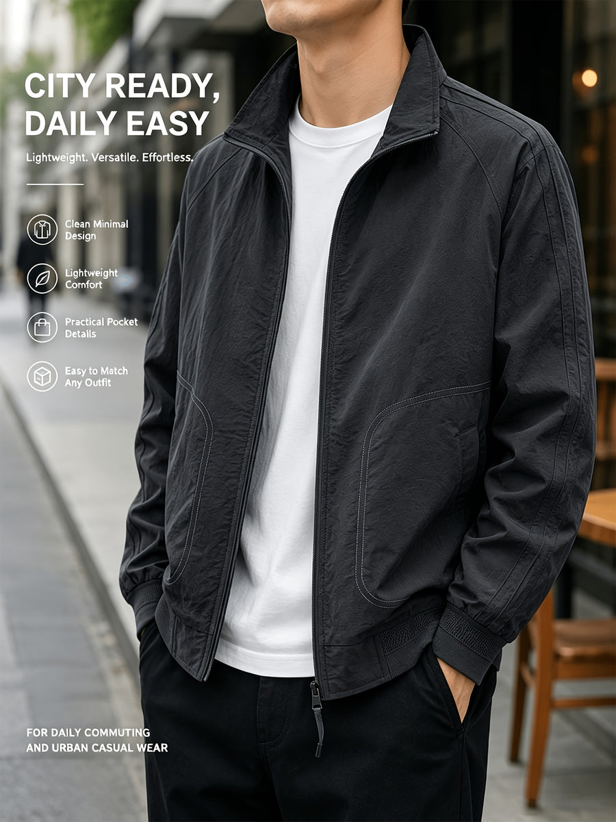 Men'S Stand-Collar Casual Commuter Jacket, Mesh Breathable Lining, Premium Wrinkle-Resistant Easy Care Fabric, Stand-Collar Zipper Closure, Ribbed Cuffs And Hem, Loose Fit Suitable for Business, Commute, And Casual Wear, Multi-Scene Men'S Outerwear - Black