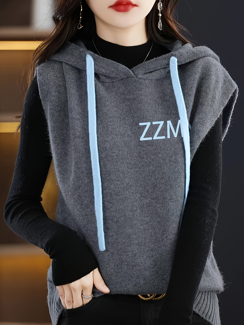 New Hooded Vest Sleeveless Design Letter Fashion Loose Versatile Sweater Coat - Grey