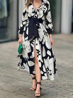 A-line Long-sleeve Button-up Contrast Floral Print Tie-waist Lapel Midi Dress - Mixed colors