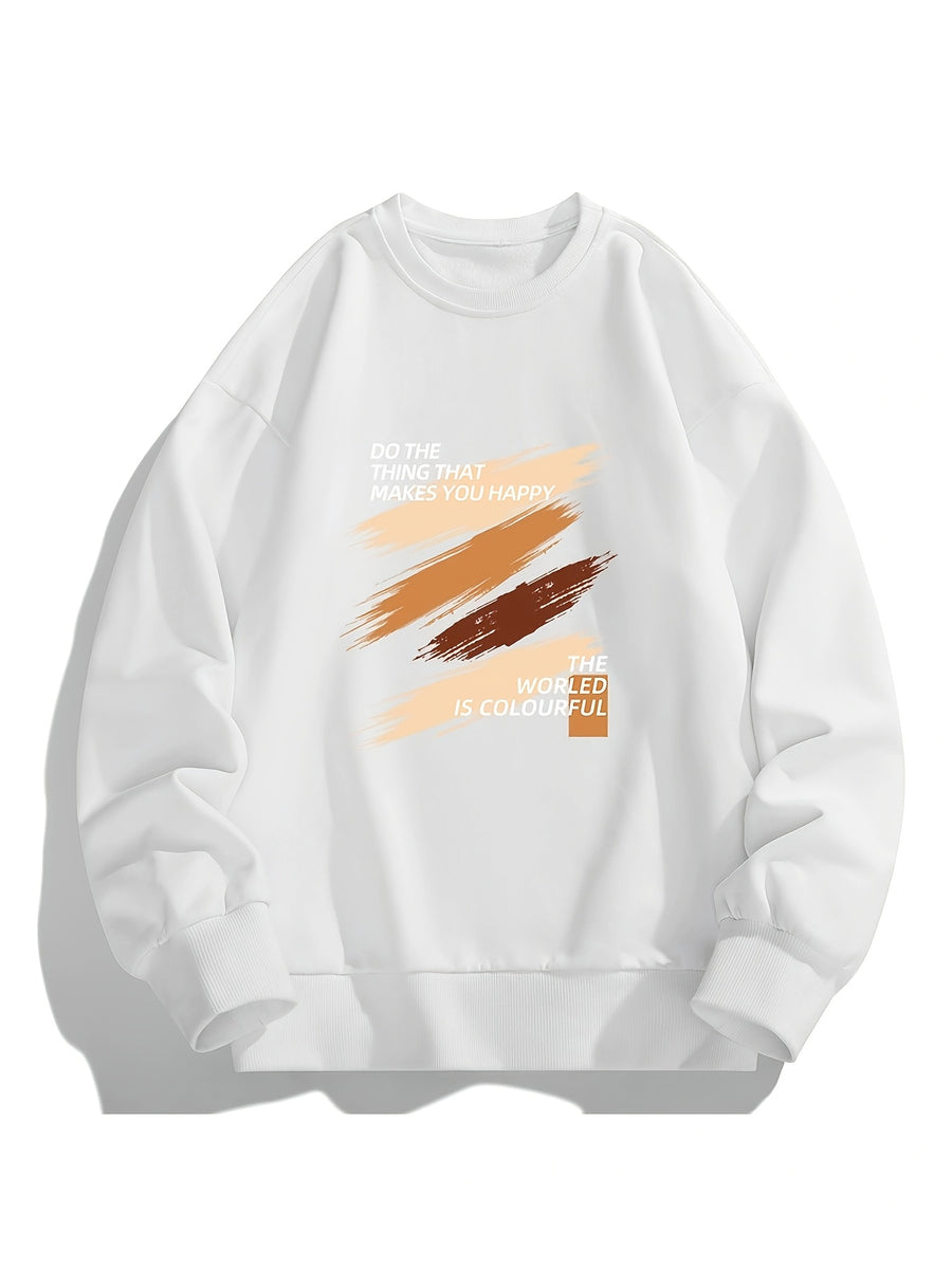Men's Crew Neck Sweatshirt, Spring Autumn Art Brush Stroke Color Block Slogan Print Pullover Top, Youth Loose Casual Versatile LongSleeve Basic Shirt - White