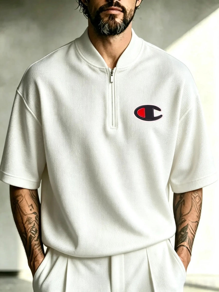 Men'S Waffle Knit Quarter-Zip Short Sleeve Shirt, Stand Collar Contrast Oval C-Shaped Pattern Chest Print, Loose Casual Pullover Top - White