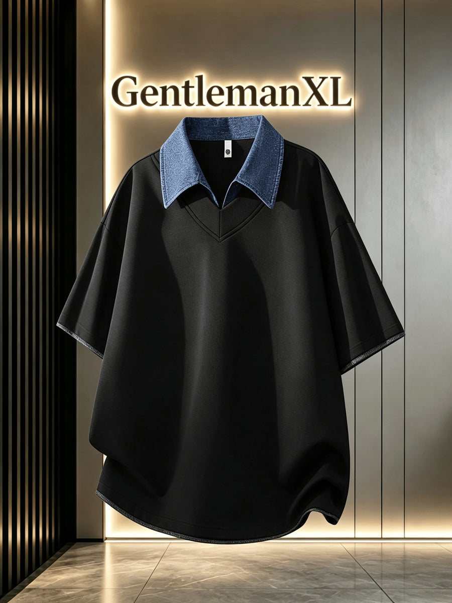 Men'S Summer Lapel Built-In Faux Two-Piece V-Neck, Cuffed Sleeves, Unisex Off-Shoulder Loose Curved Hem Drapey Short Sleeve T-Shirt - Black