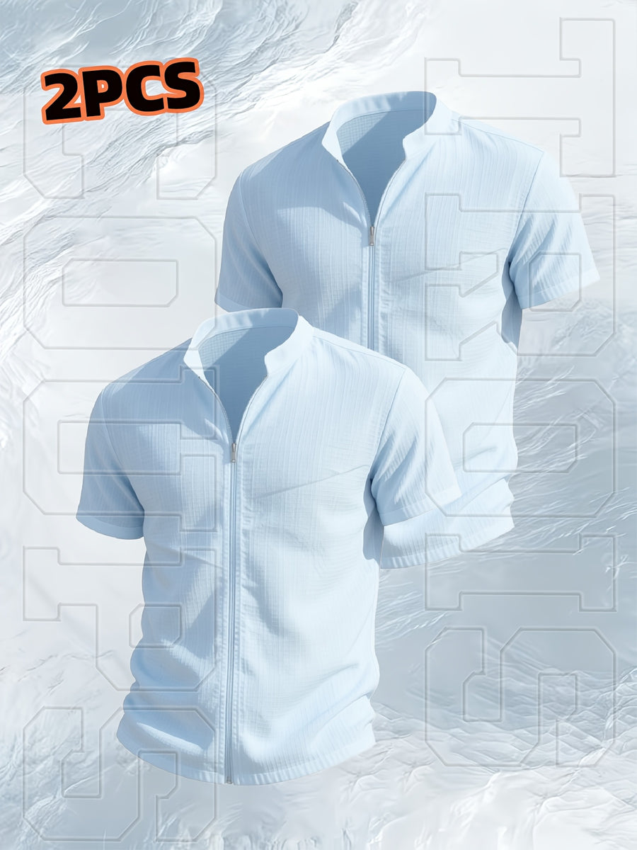 [Qiaoximei OBM] 2pcs Set, Latest Men'S Short-Sleeve Zip-Up Cardigan, Street Beach Comfortable Casual Outdoor, with Stand-Up Collar Design, Suitable for Beach Vacations, Pool Parties, And Daily Casual Wear, Men'S Top, Short-Sleeve Zip-Up Cardigan - Sky blue two pieces