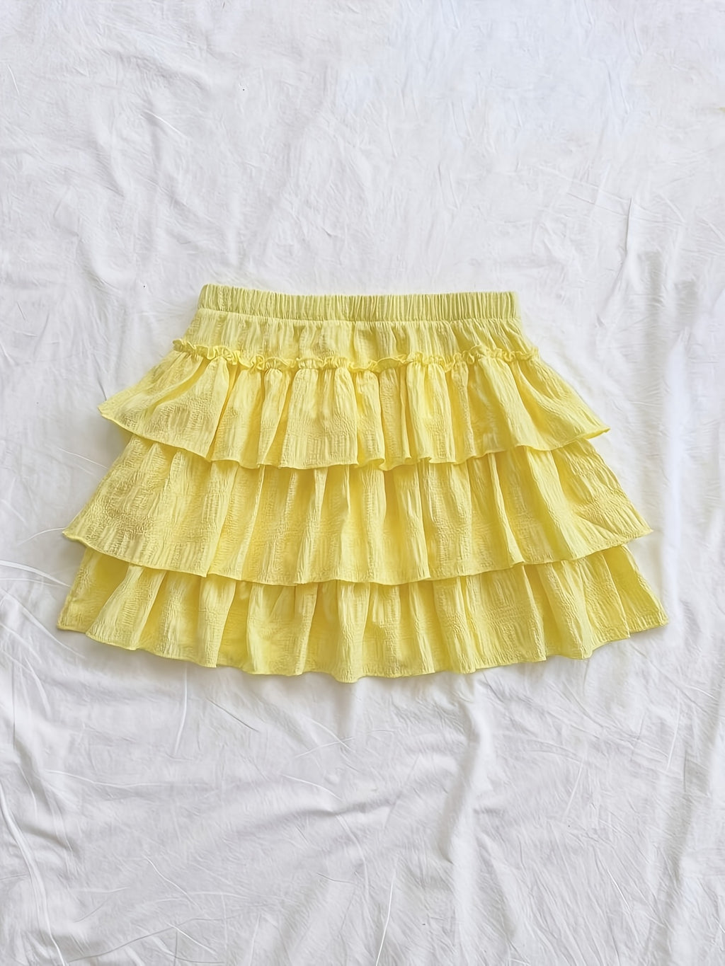 Casual Solid Color Ruffled Short Skirt, Holiday Layered Ruffled Short Skirt, Summer Short Skirt, Yellow Ruffled Short Skirt ZD1127248 - Yellow
