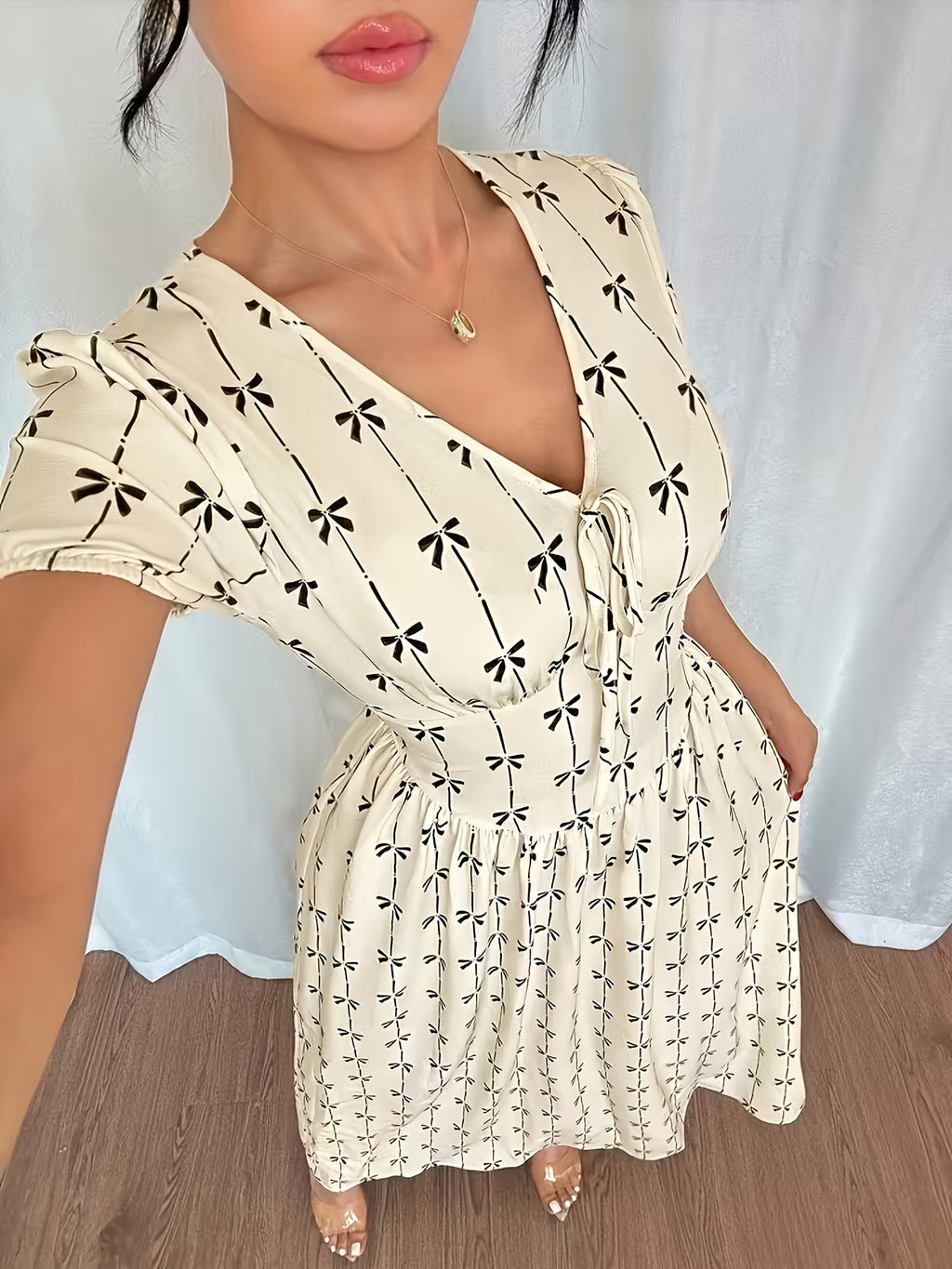 New Women'S Elegant Vacation Summer Floral Short Sleeve Lantern Sleeve Wrap Waist Dress Long Dress - 【Light Yellow】