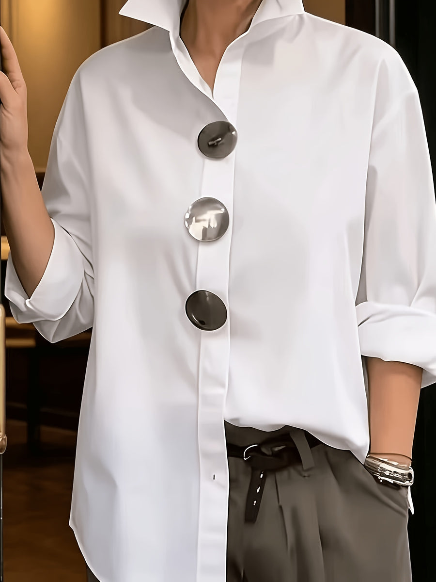 2026 Spring New Arrival Women's Large Button Shirt, Loose Fit Silhouette, Conceals Figure and, French-Style Commuter Elegance Long Sleeve Blouse, Versatile Designer Top - White