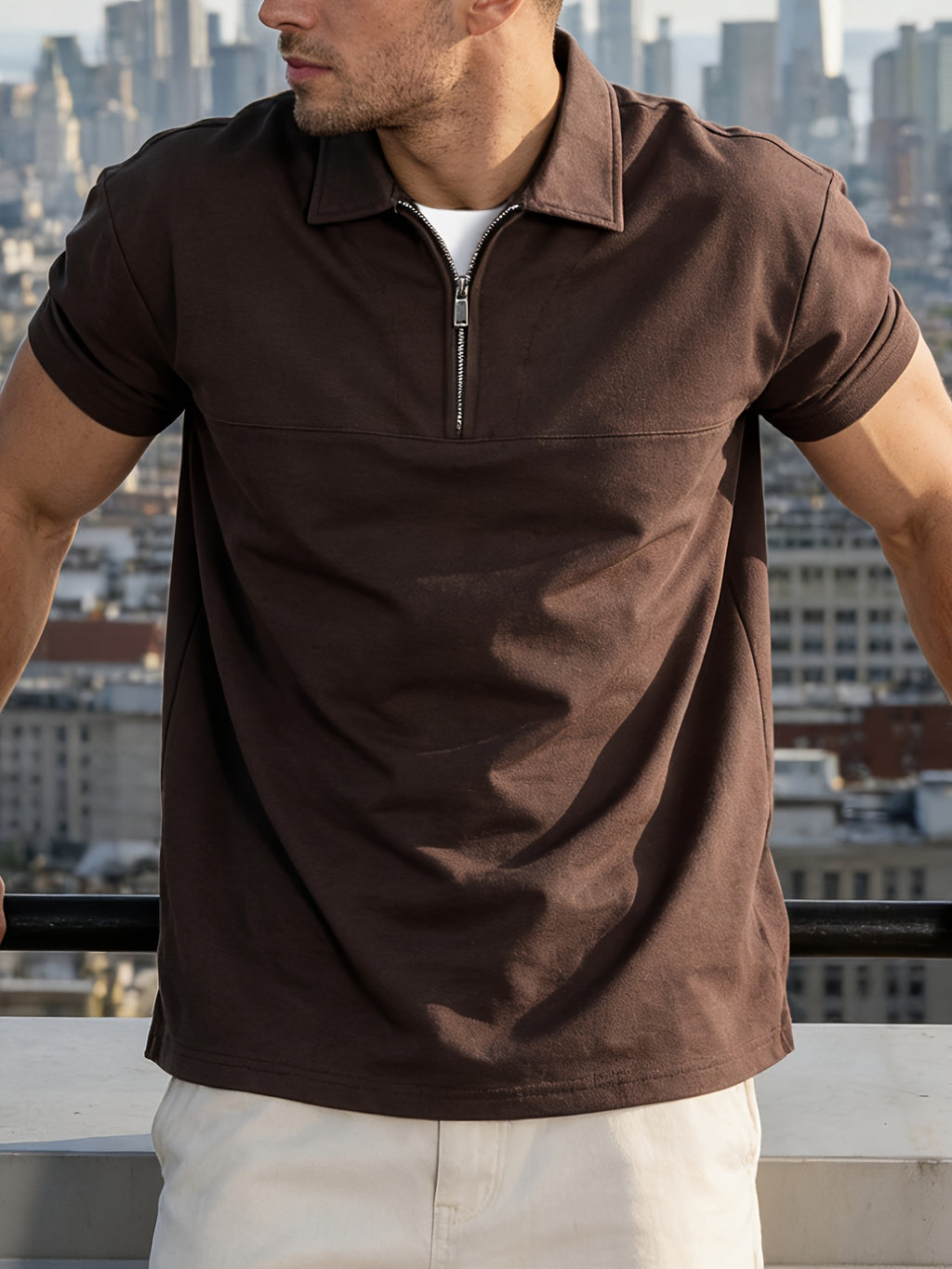 Spring Summer Men'S Short Sleeve, Casual Fashion, Versatile Athletic Top, Solid Color Half-Zip Placket Polo Shirt - Mocha Brown