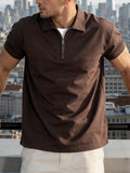 Spring Summer Men'S Short Sleeve, Casual Fashion, Versatile Athletic Top, Solid Color Half-Zip Placket Polo Shirt - Mocha Brown