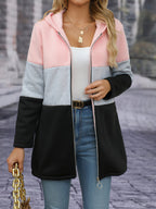 Women's Elegant Contrast Color Fleece Thickened Hooded Cardigan - Full Zip Hooded Jacket Full-Length Zip Closure, Pink/Gray/Black - Contrast Color Design, Machine Washable Autumn Winter Sweater, Soft Texture, Warm Outerwear for Autumn Winter, Office - Pink Color