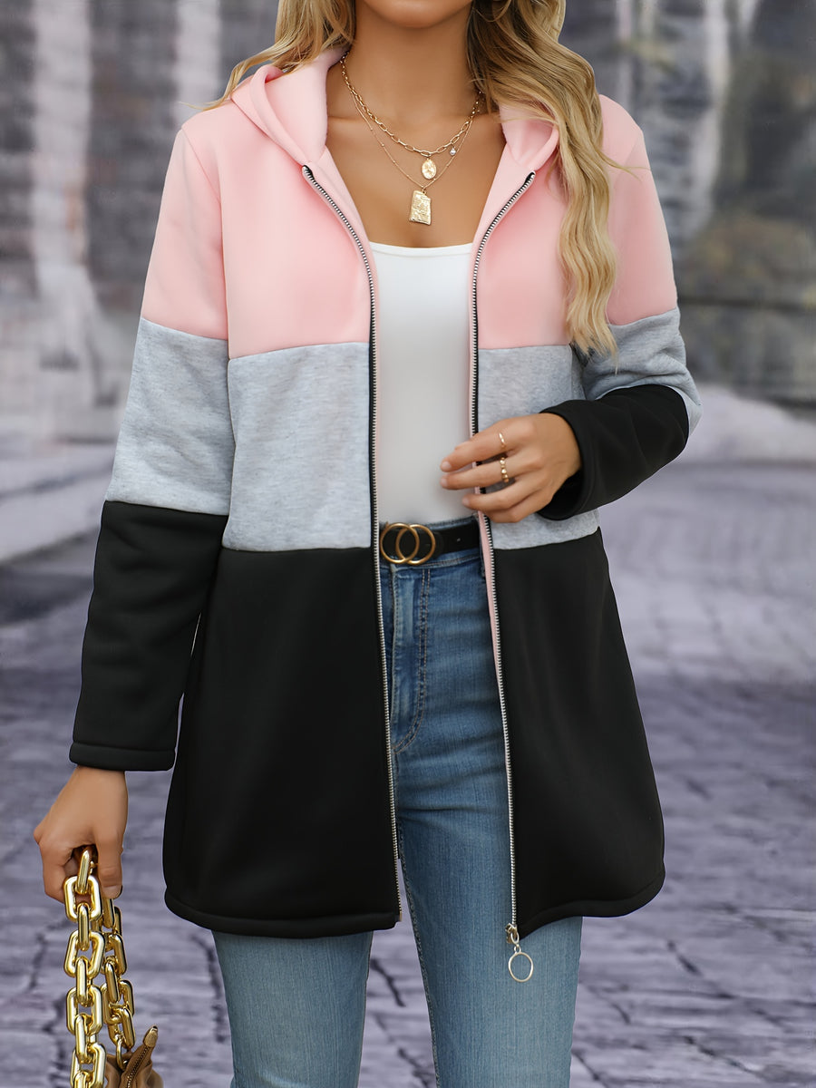 Women's Elegant Contrast Color Fleece Thickened Hooded Cardigan - Full Zip Hooded Jacket Full-Length Zip Closure, Pink/Gray/Black - Contrast Color Design, Machine Washable Autumn Winter Sweater, Soft Texture, Warm Outerwear for Autumn Winter, Office - Pink Color