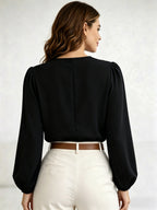 Princess Sleeve Loose Top 2026 Summer New Arrival Women's Versatile Top, Hollow V-Neck Long Sleeve Women's Shirt, French-Style Vintage Puff Sleeve Blouse, Maillard Style Versatile Elegant Top, French-Style Vintage Style, Maillard Casual Style - Black