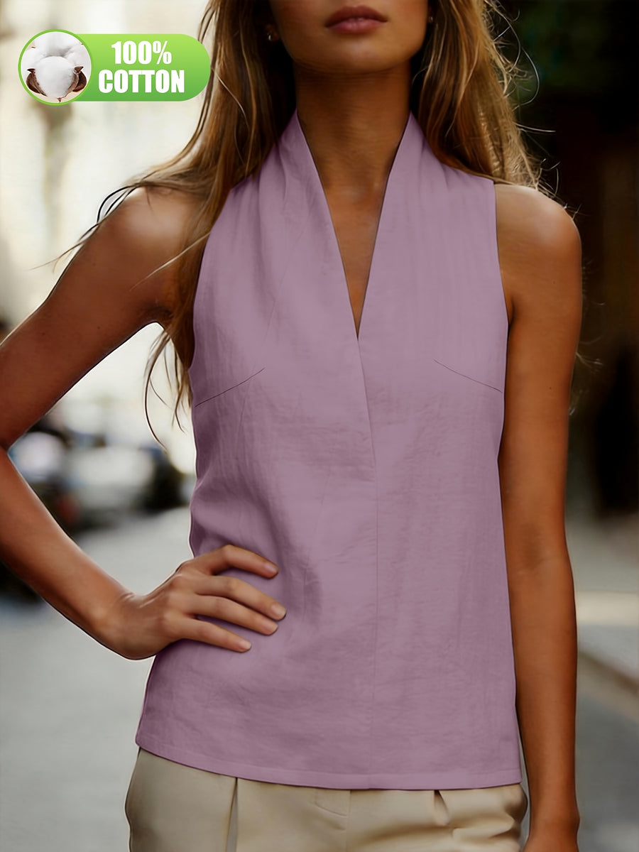 Summer Women'S New Fashion Premium Sense Professional Daily Commute Solid 100% Versatile Easy Halter Off-Shoulder V-Neck Tank Top Blouse ASD1 - Purple