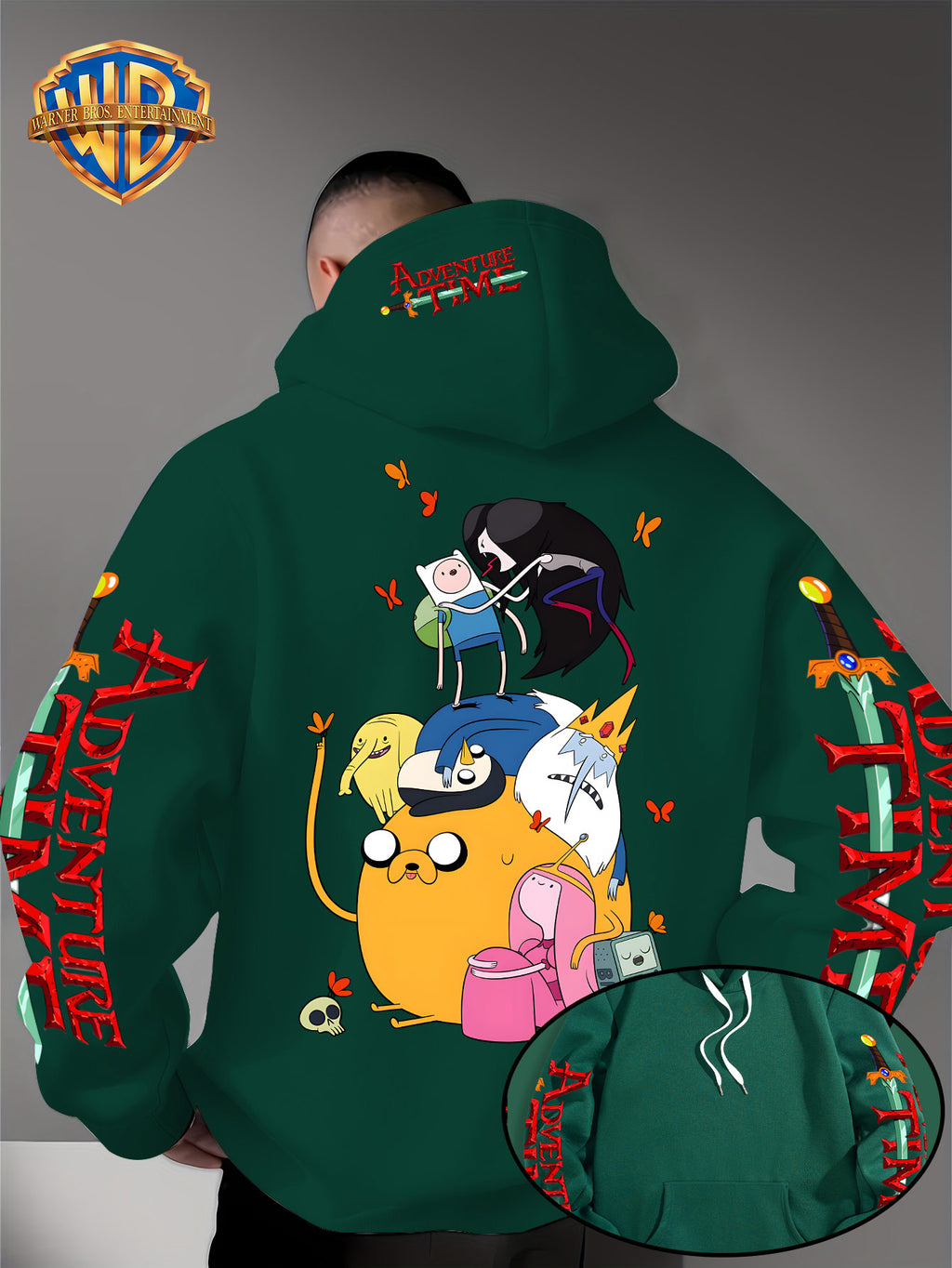 Warner Bros. Men's Adventure Time Full Cast Themed Trendy Fashion Pullover Hoodie with Family Portrait Character Print - Green