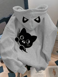 Women's Black Cat&Claw Print Design Hooded Sweatshirt - Grey