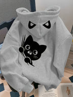 Women's Black Cat&Claw Print Design Hooded Sweatshirt - Grey