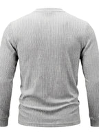 1pc Men's Casual Jacquard Henley Shirt, Autumn/Winter Stretchy Striped Jacquard Textured Fabric Long-Sleeve Polo Shirt, Outdoor Sports Versatile Base Layer Top - Grey