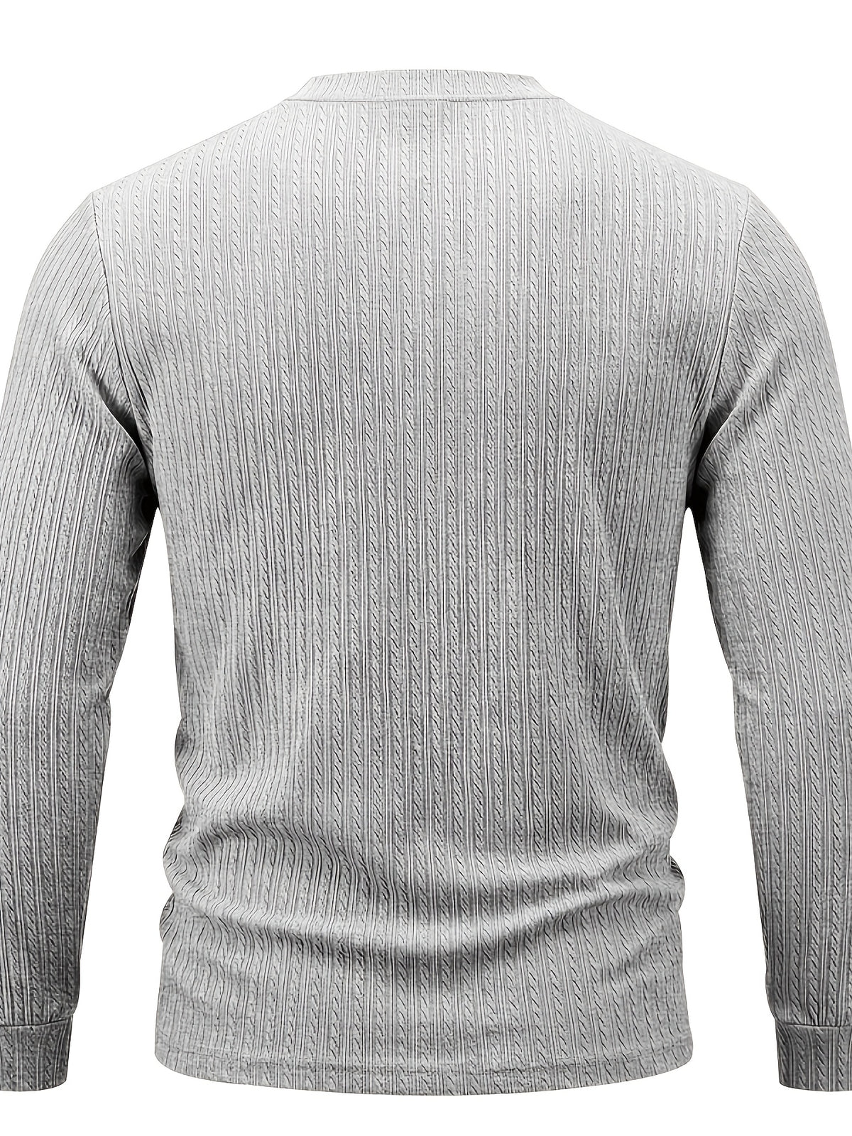 1pc Men's Casual Jacquard Henley Shirt, Autumn/Winter Stretchy Striped Jacquard Textured Fabric Long-Sleeve Polo Shirt, Outdoor Sports Versatile Base Layer Top - Grey