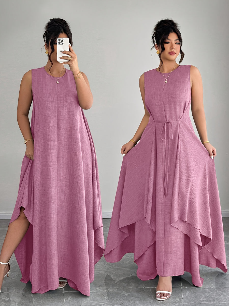 Women'S Elegant Vacation Casual Daily Outerwear Tie-Belt A-Line Asymmetrical Hem Dress - Pink