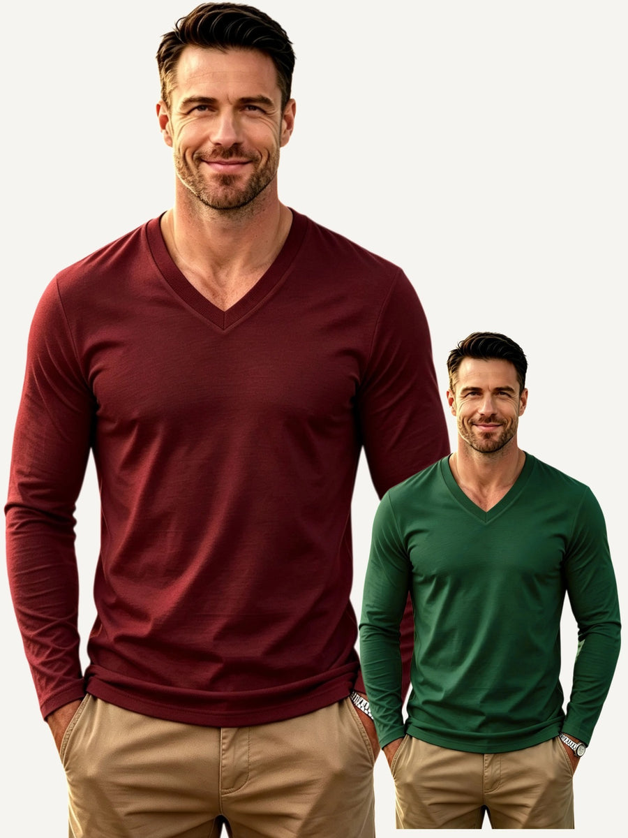 100%, 2pcs Men'S V-Neck Long Sleeve T-Shirts, Men'S Knit Sweatshirts, Casual Athletic Ribbed Neck Tops - Wine Red+Blackish Green
