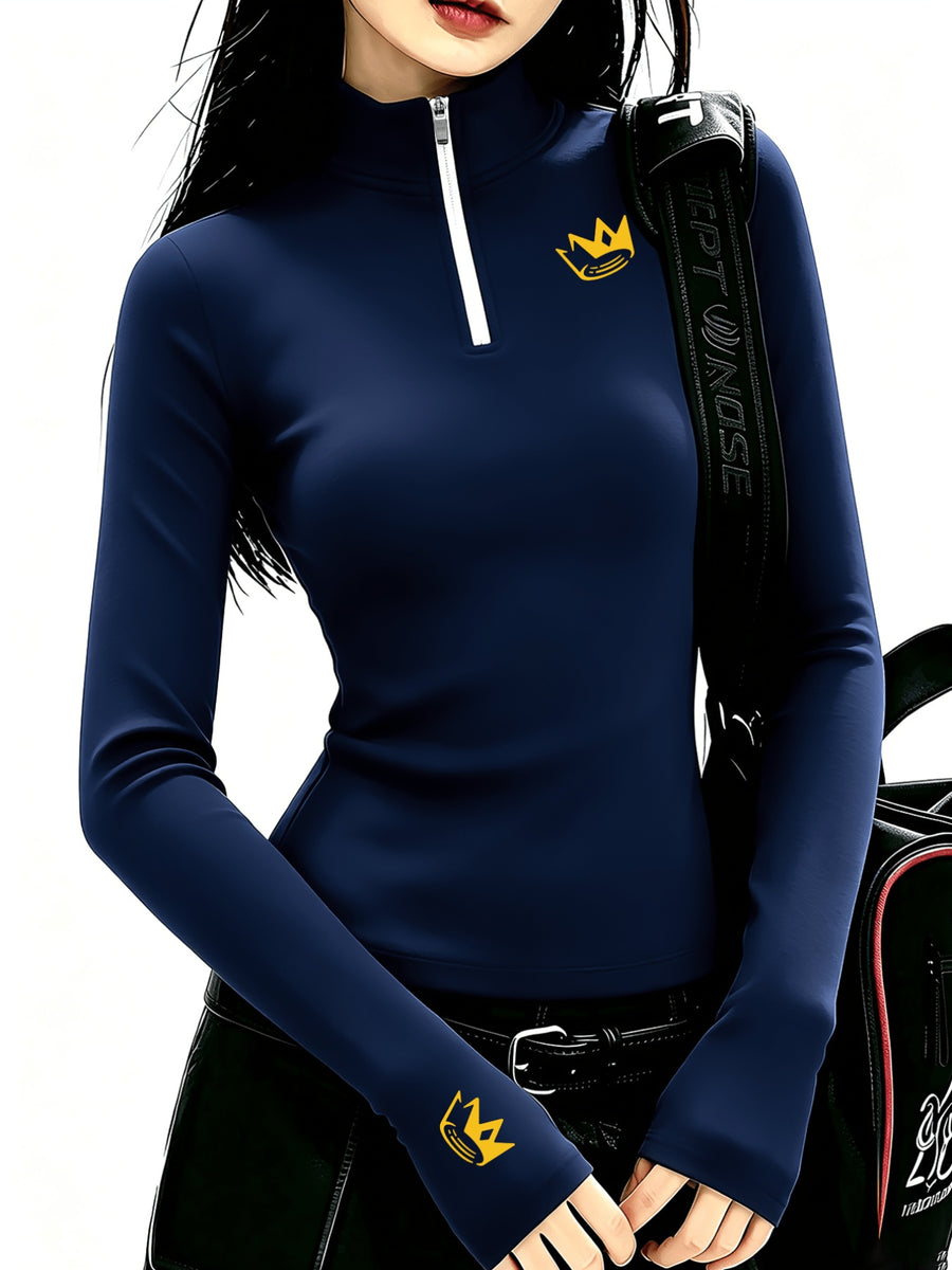 Women'S Elegant Semi-High Neck Zipper Long Sleeve Shirt, Mid-Stretch Fabric Top, Warm Layering Essential for Autumn And Winter - Royal Blue
