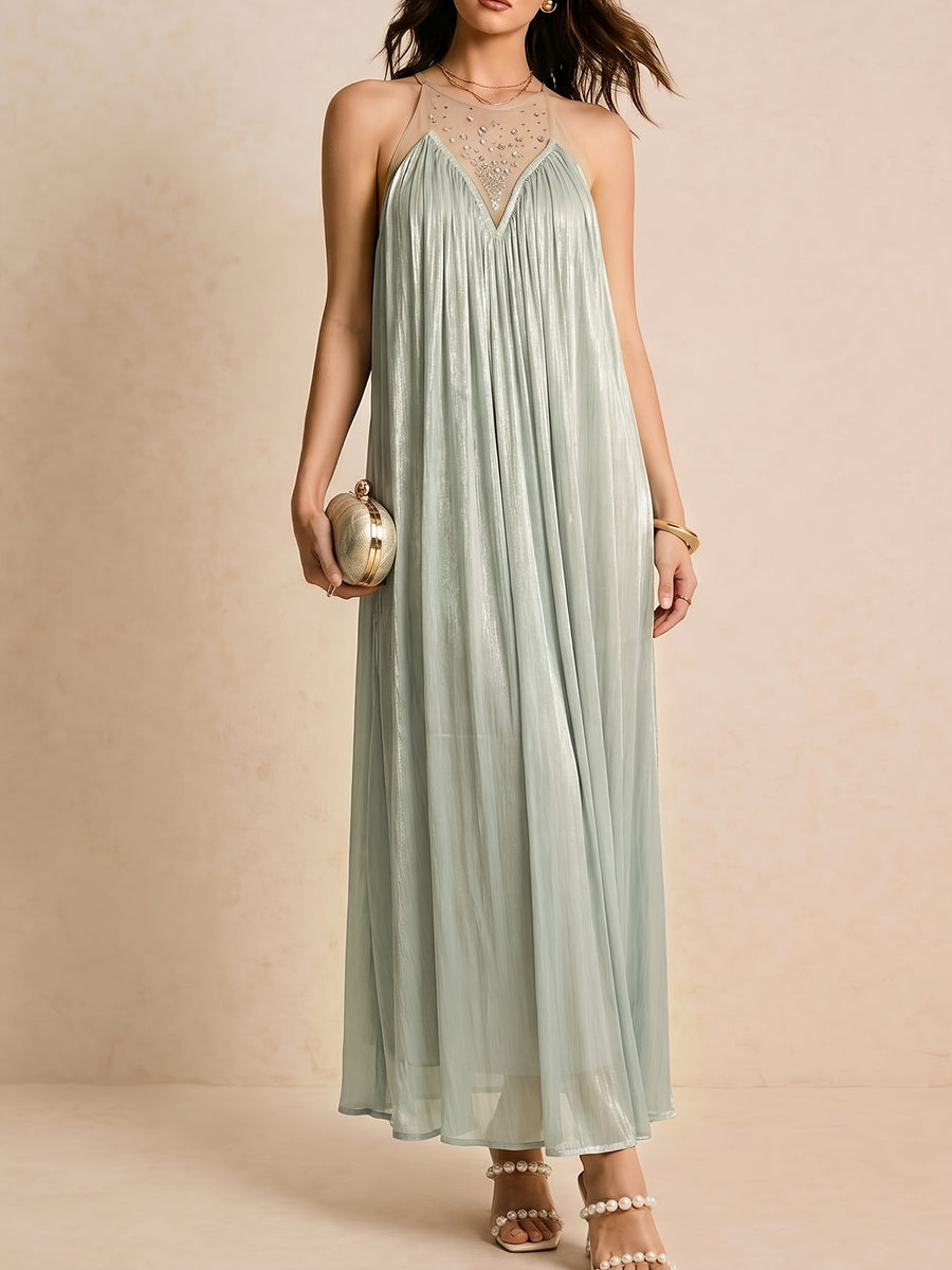Elegant Water-Like Satin A-Line Loose Dress, Sequined Mesh Patchwork Pleated Dress, Belted Design, Loose Fit with High Waist and Inclusive Fit, Elegant Women's Clothing, Hot Outfits for Women, Girly Style Items, Casual and Elegant Women's Wear - Green
