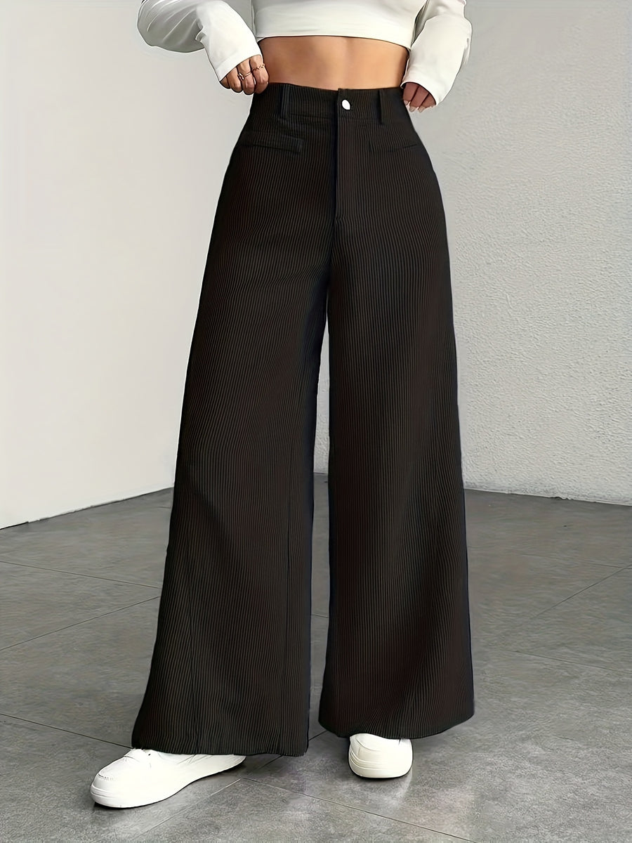 Women's High-Waisted Wide-Leg Corduroy Pants - Straight Leg Trousers with Corduroy Texture & Striped Suitable for All-Season Wear, Machine Washable Non-Stretch Corduroy Pants for Office, Casual, Everyday Outfits (No Transparency) - Black
