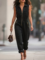 Women'S Fashion Wide-Leg Jumpsuit Long Casual Fabric Camisole Cargo Pants - Black