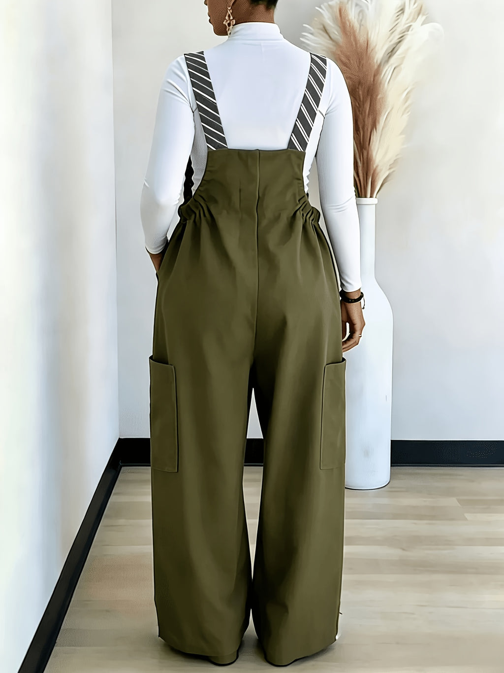 2026 New Women'S Loose Strappy Wide-Leg Pants, Age-Reducing, Versatile Casual Jumpsuit, Casual Striped Jumpsuit/Apron Pants - Olive Green