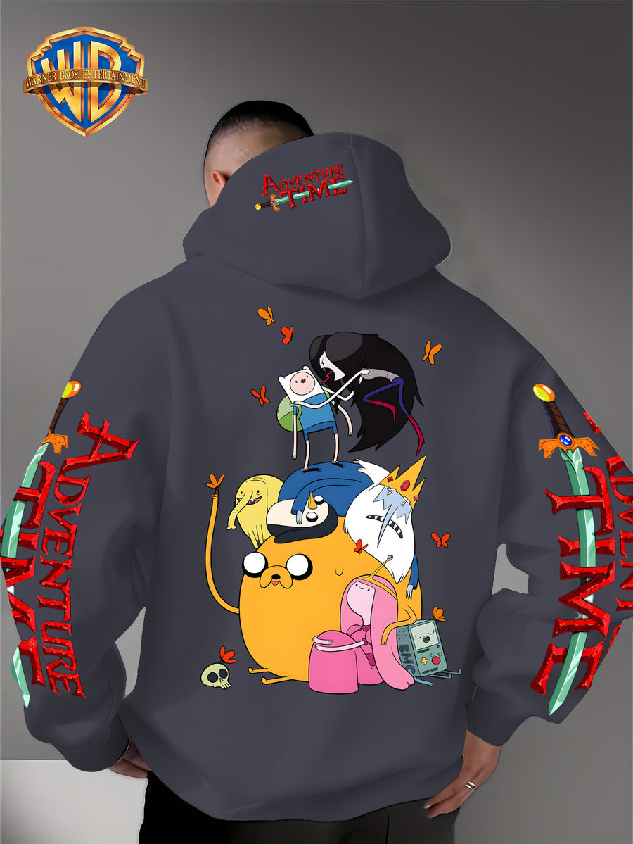 Warner Bros. Men's Adventure Time Full Cast Themed Trendy Fashion Pullover Hoodie with Family Portrait Character Print - Dark Gray