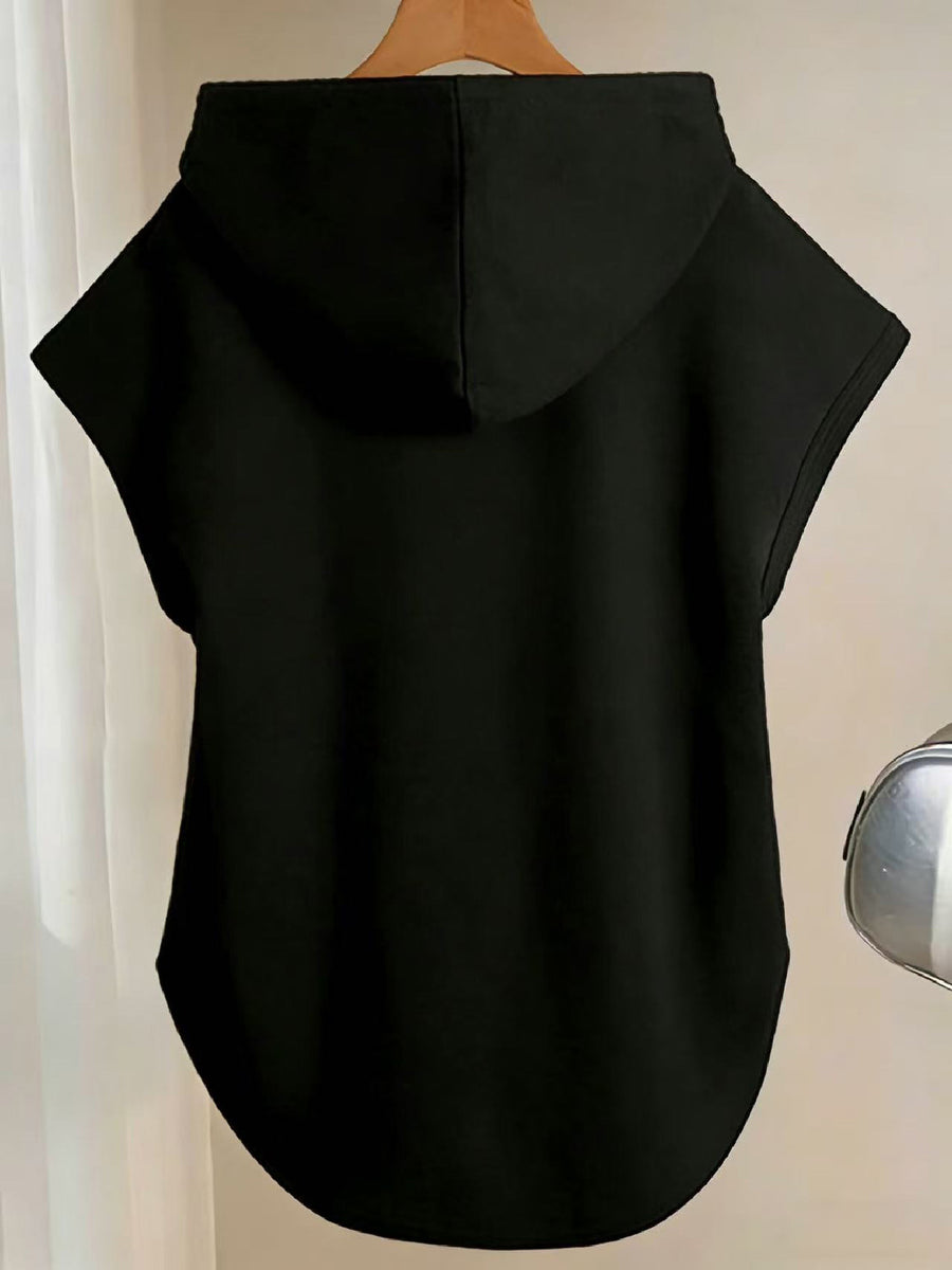 Y Style Hooded T-Shirt, Y2K Style Sleeveless Hooded T-Shirt, Lightweight Curved Hem T-Shirt Suitable for Casual Daily Wear - Black