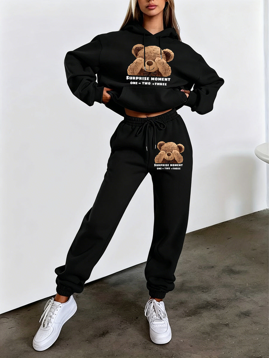 Autumn Winter Trendy Fashion Hooded Drawstring Sweatshirt And Joggers Women'S Set, Bear-Eyed Bear Print Sweet Cool Style, Hooded Drawstring Design with Front Kangaroo Pocket, Comfortable for Cold Weather, Classic Silhouette - Black
