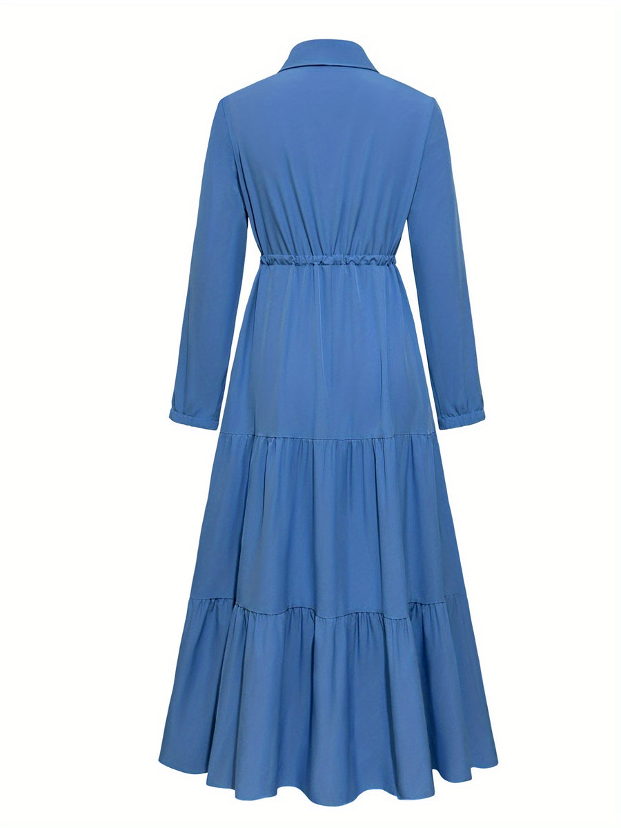 A Solid Color Long-Sleeve Dress for Women with a Fitted Waist, Tie Detail, And Ruffled Hem - Blue
