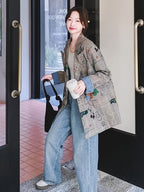 Women's Gray Plaid Blazer Jacket, Spring 2025 New Arrival, Street-Style Design, Loose Fit, Casual Graffiti Print Suit Jacket - Multicolor
