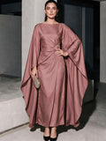 Women's Satin Evening Dress, Middle Eastern Style, Cape Design Boat Neck Waist-Hugging Long Dress with Metal Buckle, Elegant Maxi Gown for Banquet & Party - The color of rouge