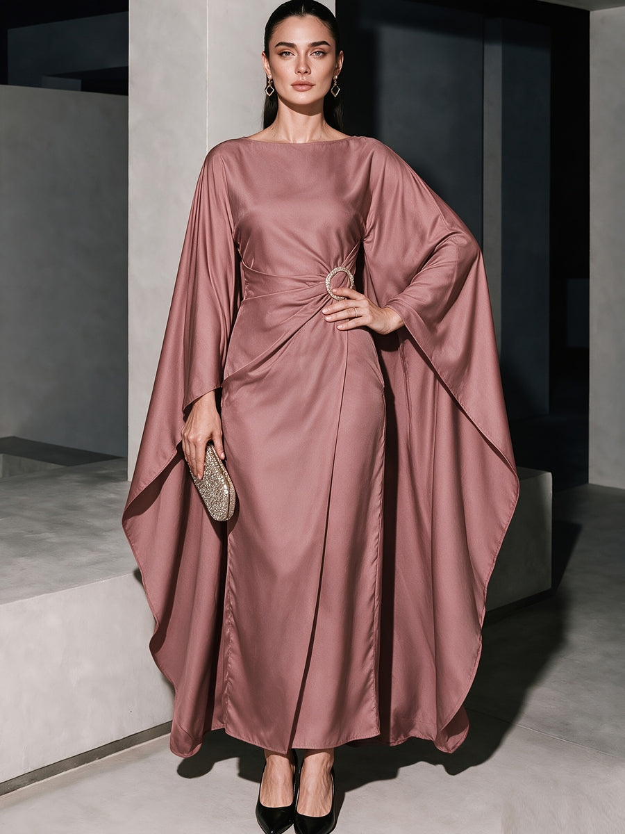 Women's Satin Evening Dress, Middle Eastern Style, Cape Design Boat Neck Waist-Hugging Long Dress with Metal Buckle, Elegant Maxi Gown for Banquet & Party - The color of rouge