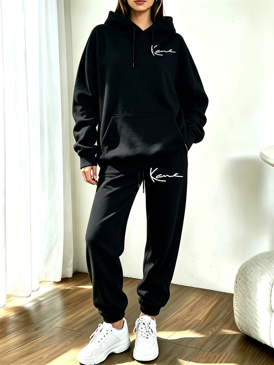 Autumn Winter Trendy Fashion Hooded Drawstring Sweatshirt And Jogger Pants Women'S Set, Hooded Drawstring Design, Front Kangaroo Pocket on Sweatshirt, Comfortable Wear for Cold Weather, Classic Silhouette, Comfortable Fit - Black 1