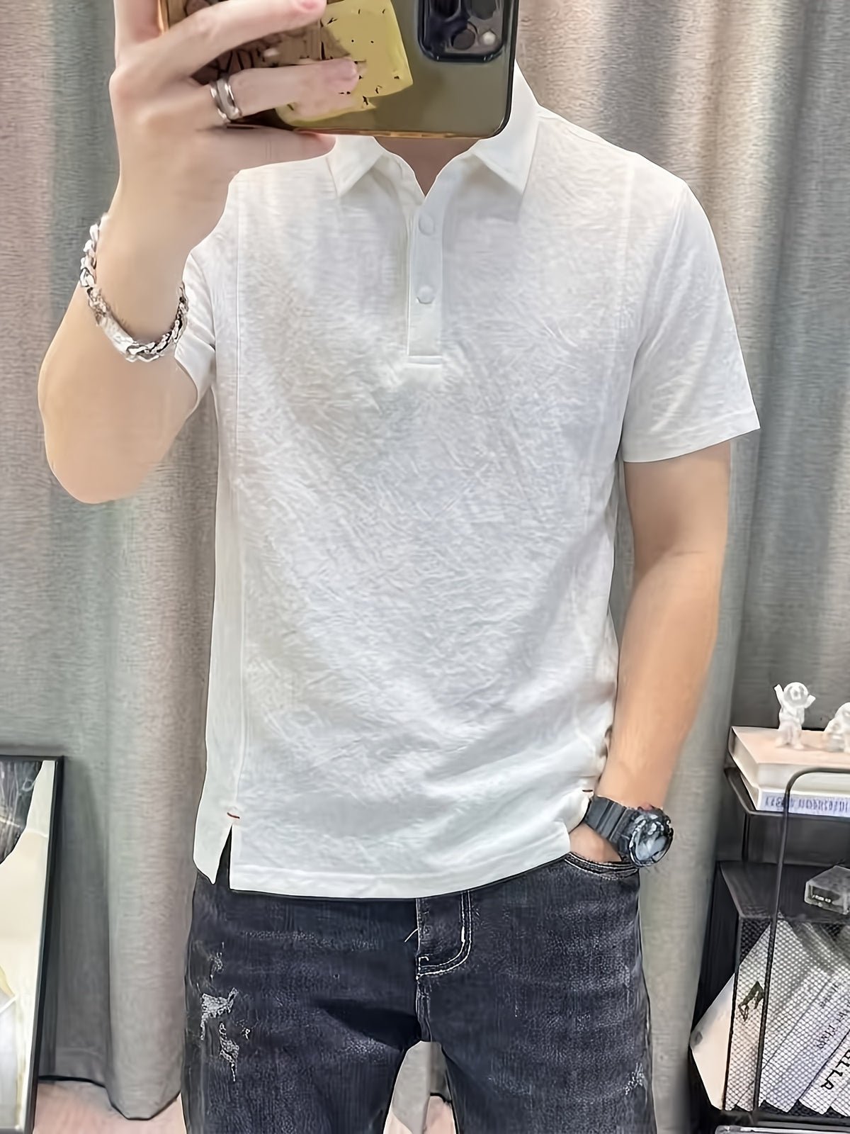 Men's Summer Lightweight Imitation Wrinkle Polo Shirt Solid Lapel Short Sleeve Tops with Button Placket - White