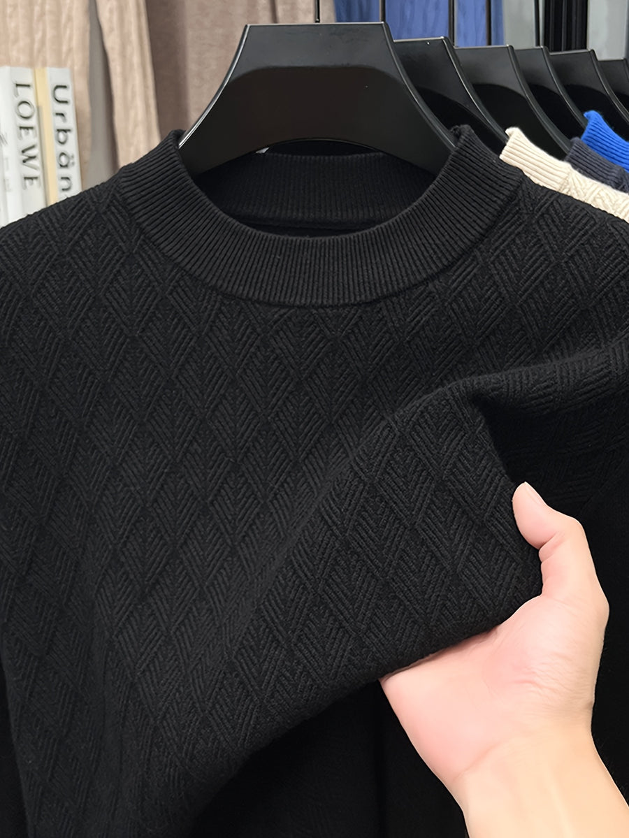 Autumn/Winter Men's Slim Fit Half-Turtleneck Diamond Pattern Solid Color Knit Pullover Base Layer, Simple and Warm - Black