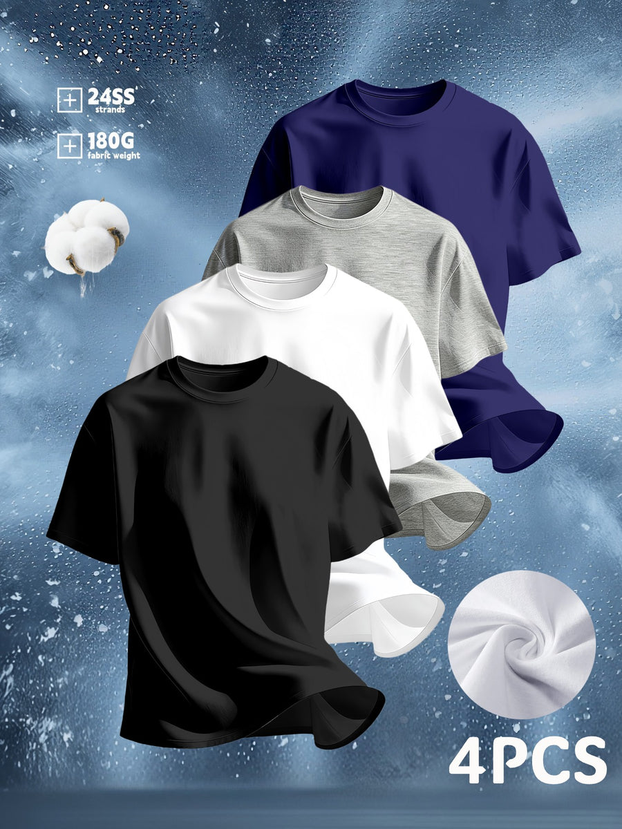 4pcs Men's Classic Solid Color Short-Sleeve T-Shirts, Lightweight Pure Cotton Fabric, Crew Neck Design, Suitable for Summer and Any Occasion, Pure Cotton Crew Neck T-Shirt, Machine Washable - Ideal Choice for Casual Wear. If You Prefer a Loose Fit - Black, White, Linen Gray, Navy Blue