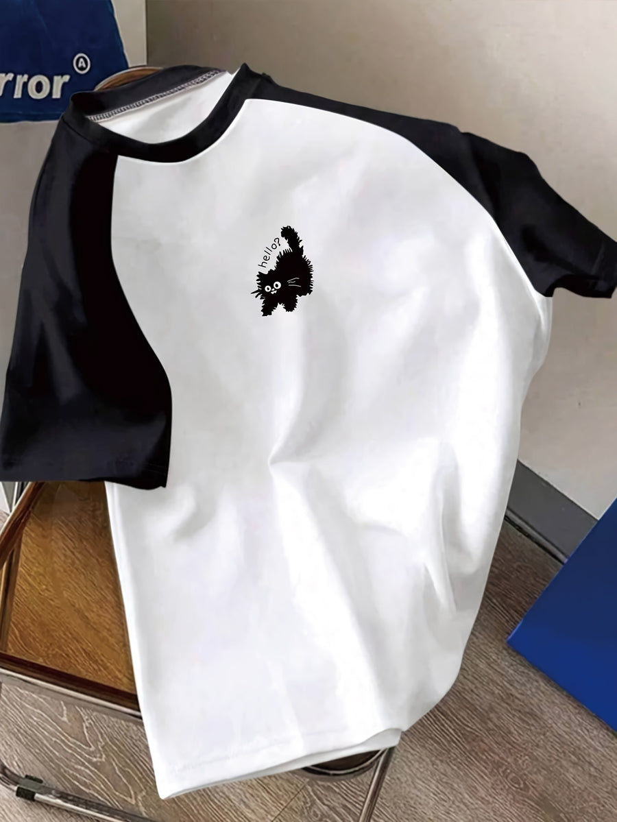 Y2K Retro Raglan Sleeve T-Shirt with Black Cat Graphic Print - Black & White Contrast Design, Breathable Summer Tee for Women, Machine Washable Casual Top, Casual Attire | Durable Fabric - Mixed colors