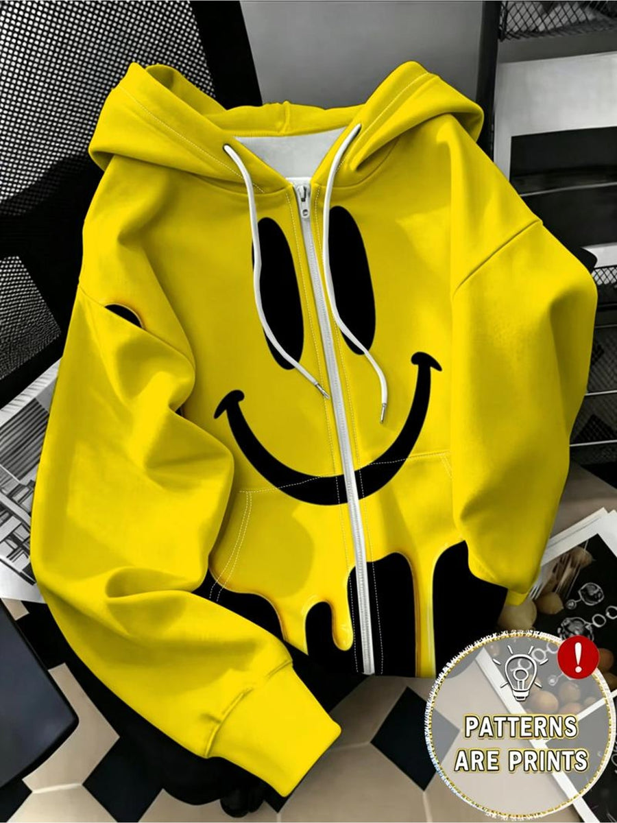 Bright Yellow Melting Smiling Face Trendy Individual Full-Size Print Zipper Hooded Sweatshirt Fun Street Casual Loose Long-Sleeve Cardigan Jacket - Mixed colors