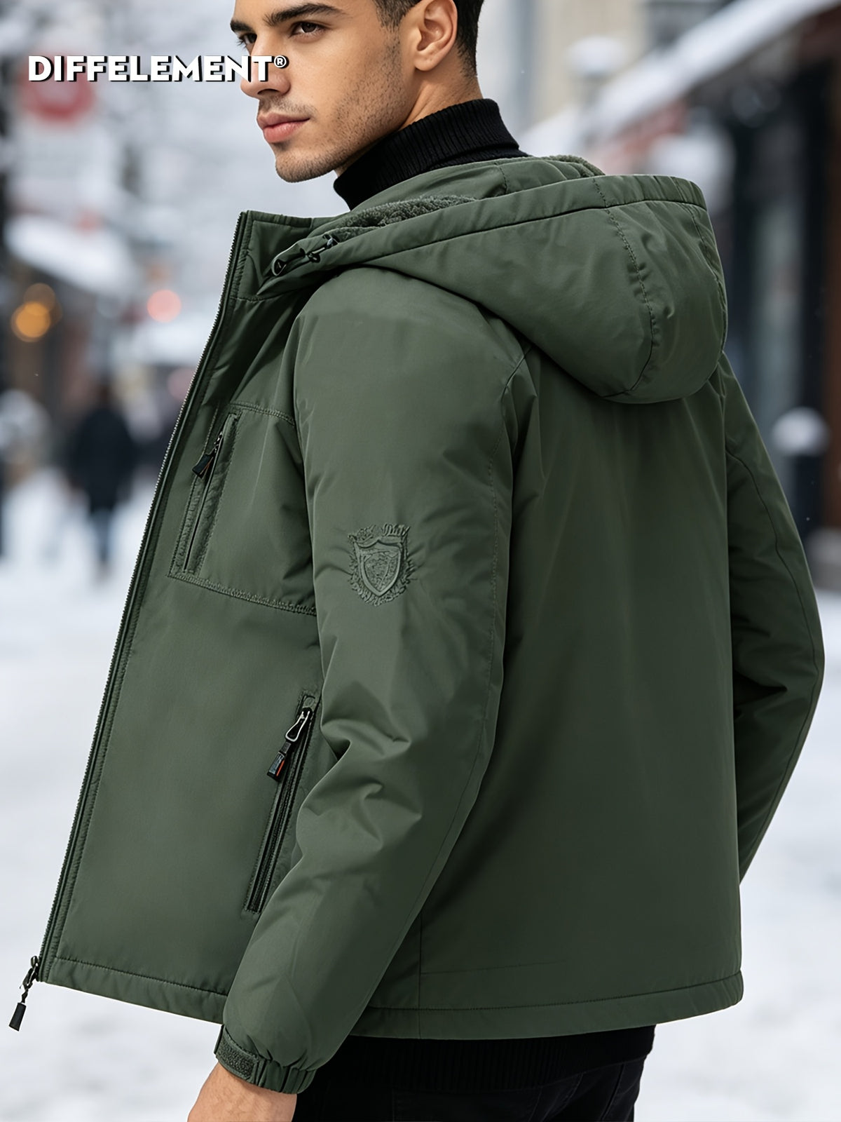 Men'S Fleece-Lined Hooded Winter Jacket, Thermal Warm Windproof Cold-Resistant Coat, Regular Fit Adjustable Hood Outerwear for Snow Skiing, Hiking, Daily Winter Commute with Multi-Zipper Pockets, Adjustable Cuffs & Embroidered Badge Logo - Military Green