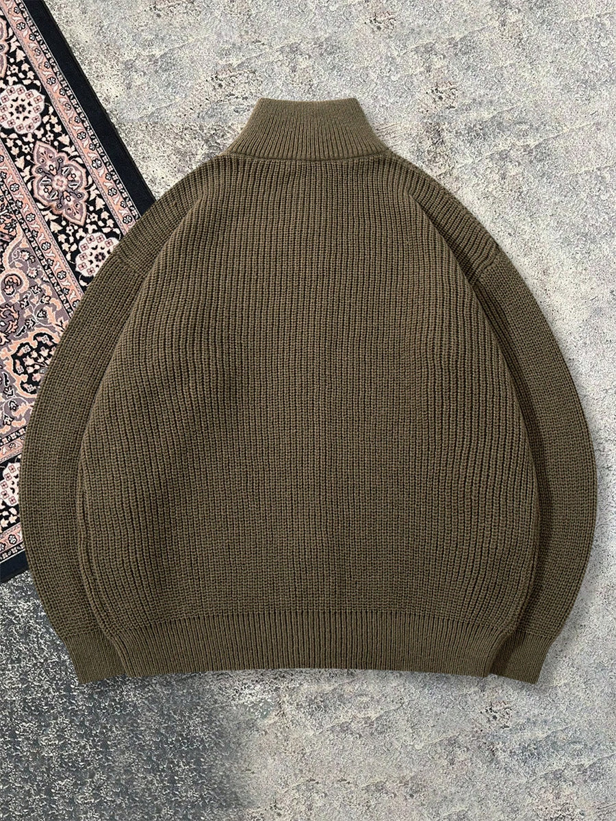 New Autumn/Winter Solid Color Lapel High Neck Cardigan Knit Sport Jacket Zip-Up Commuter Daily Casual Dark Green Short Knitted Top - Dark Green