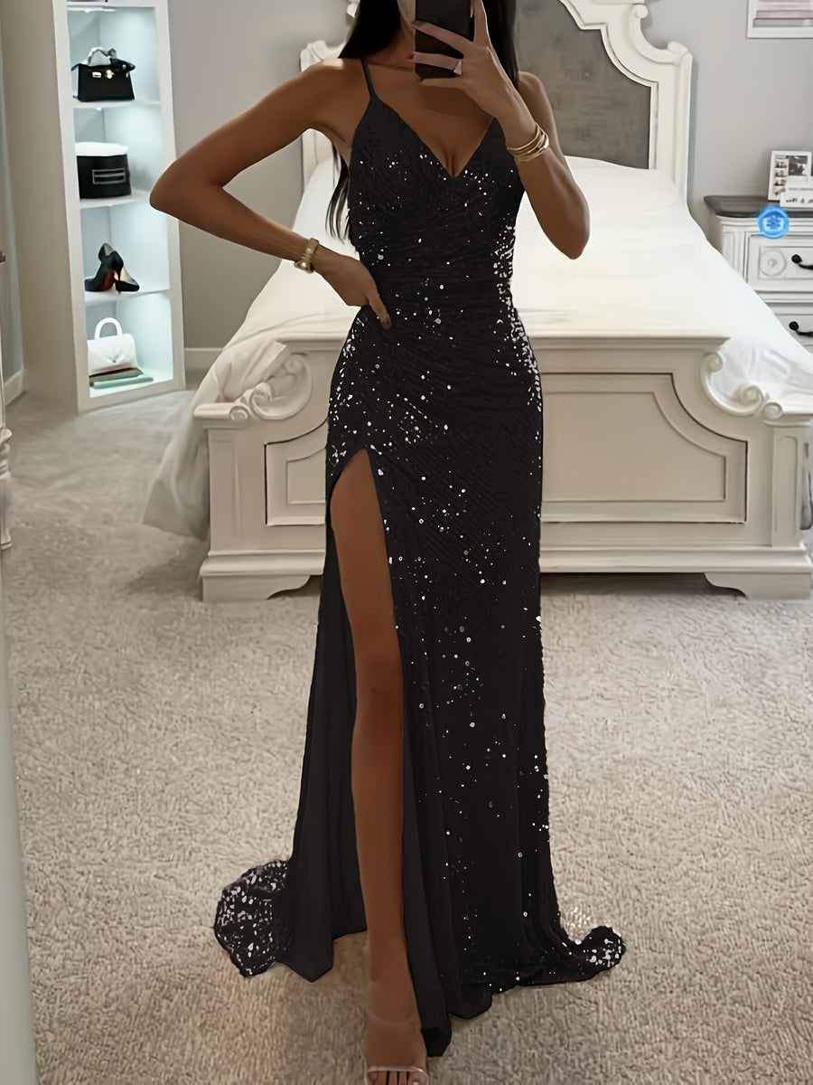 Women's Elegant Sequin Spaghetti Strap Asymmetrical Ruffle Hem High Slit Birthday Party Banquet Bridesmaid Dress - Black